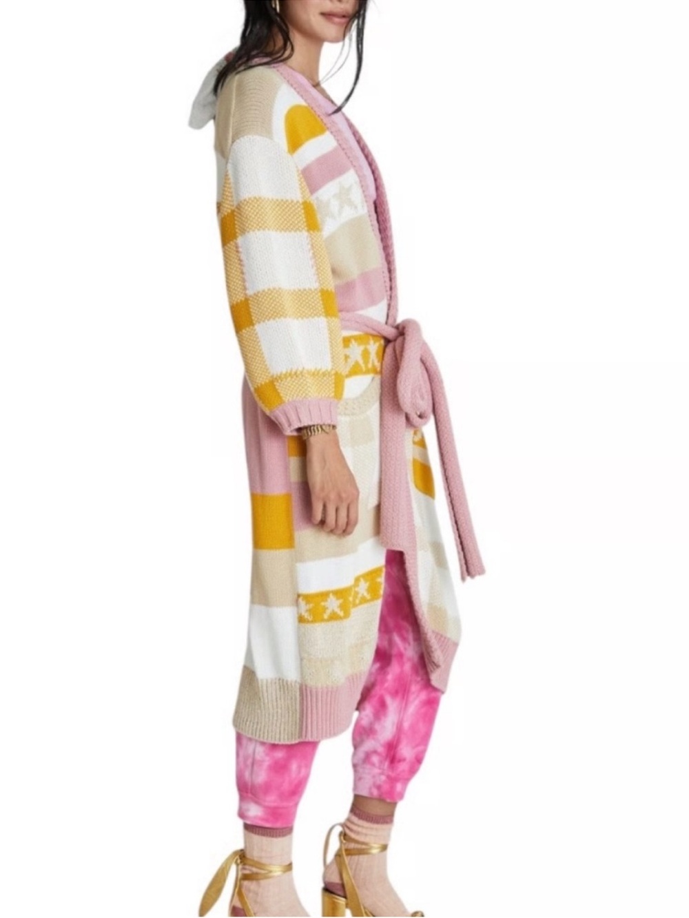 NWOT LoveShackFancy Long Knit Belted Cardigan in Pink, Mustard & Cream xs/smal